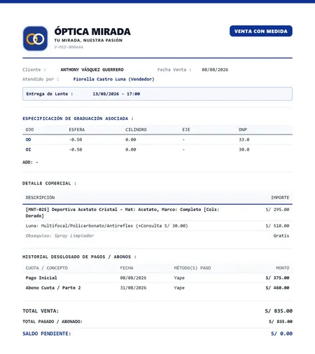 Comprobante de venta con el logo, el nombre y los colores de una óptica de ejemplo