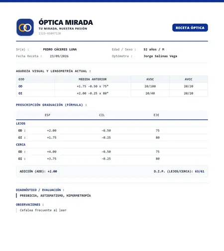 Receta óptica con el logo, el nombre y los colores de una óptica de ejemplo