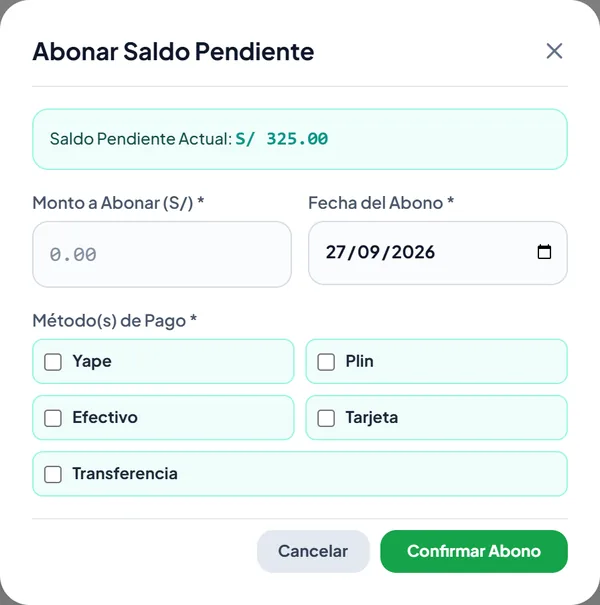 Ventana real para abonar un saldo pendiente eligiendo monto, fecha y método de pago
